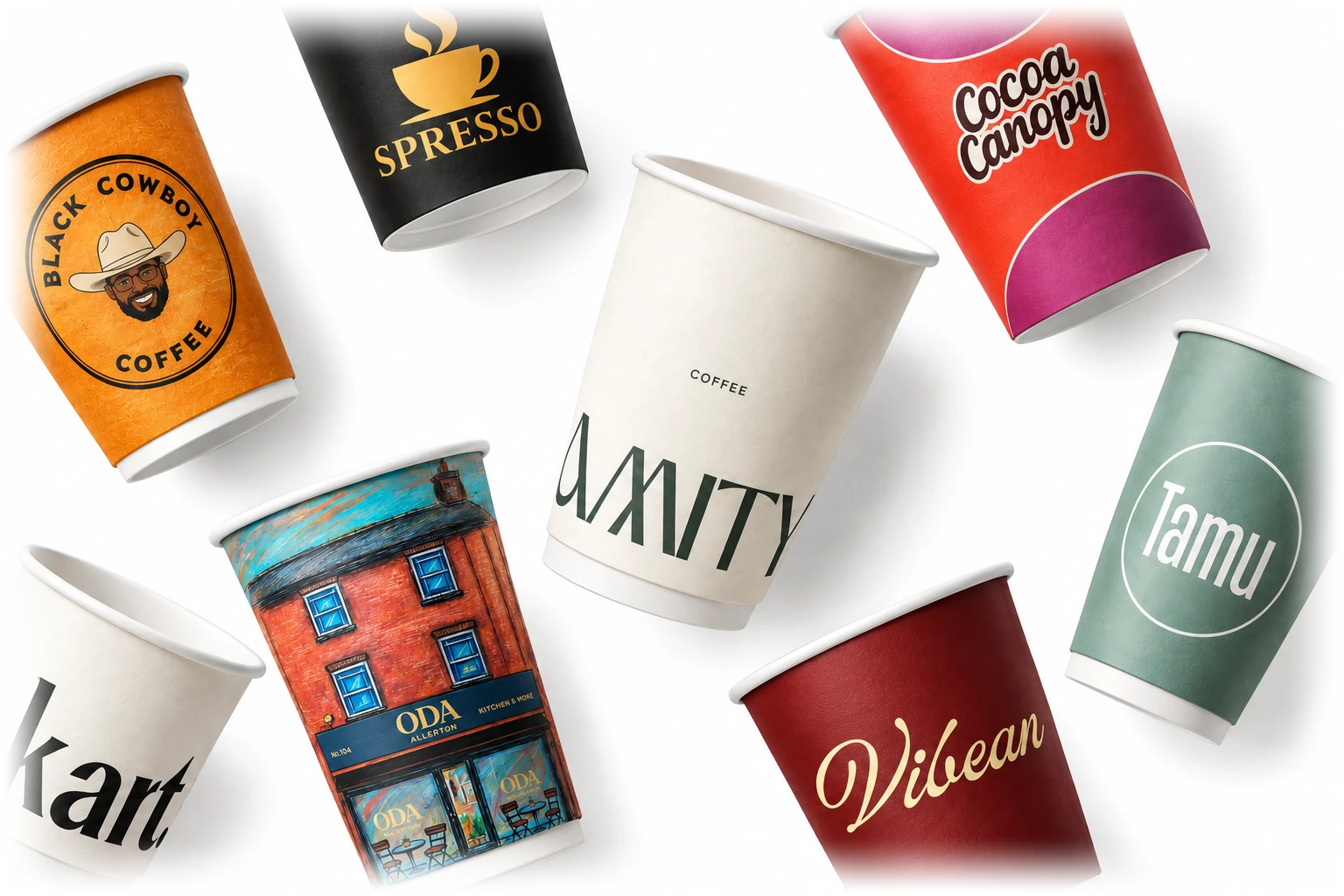 Eight custom-printed paper cups scattered on a white surface, each carrying a different customer's design